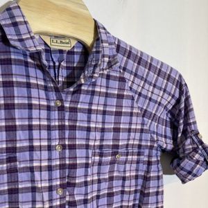 LL BEAN Women’s 16 Button Down Shirt Indigo Rose Plaid Long Sleeve Roll Tab